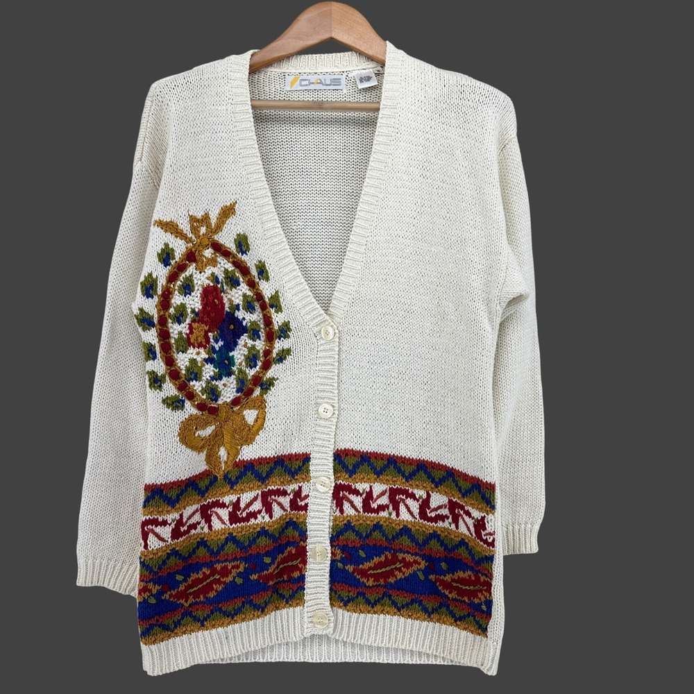 VTG Chaus Ivory Knit Embroidered Floral Fair Isle Cardigan Sweater SZ M Cottage